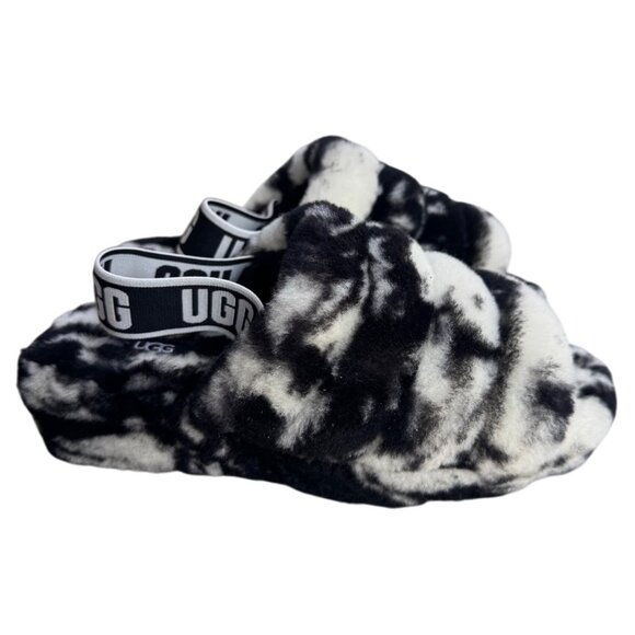 UGG Shoes - UGG Women's Size 7 Black & White Fluffy Oh Yeah Slippers With Elastic Strap